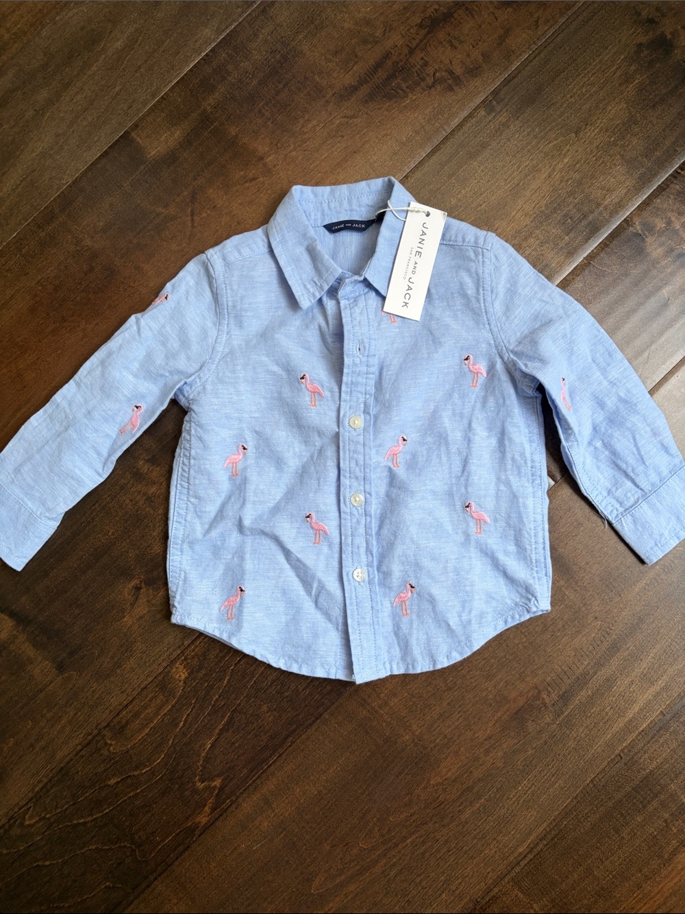 Janie and Jack Light Blue Button-Down Shirt with Pink Flamingo Embroidery
